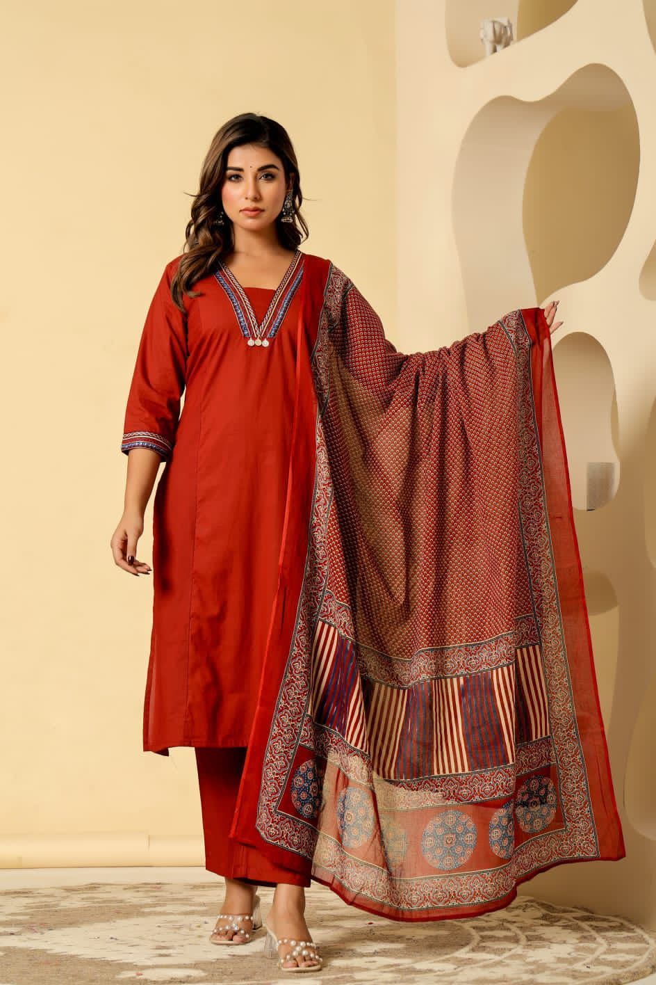 Maroon Pure Cotton Printed Ladies Kurta Suit Set