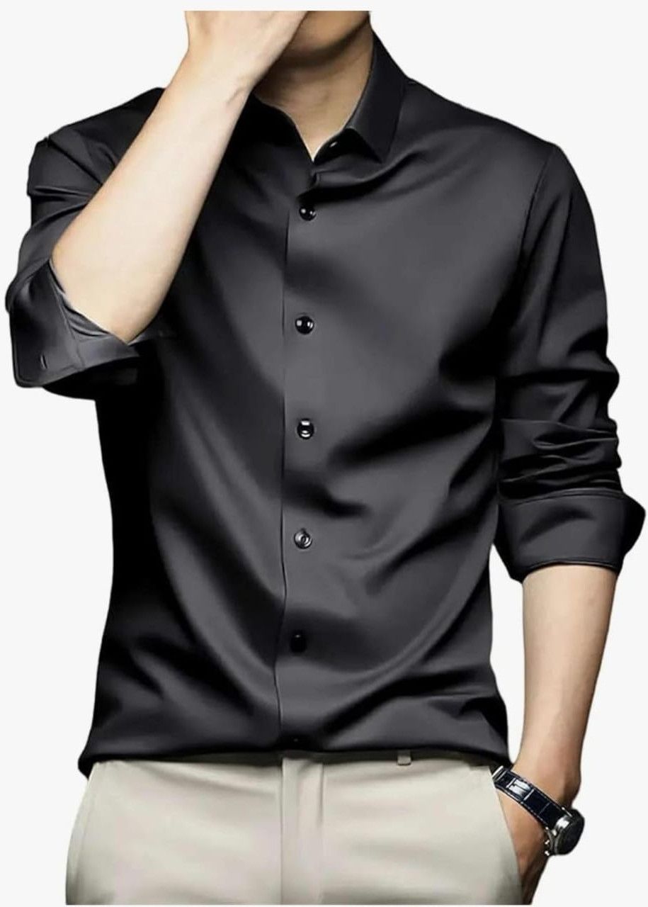 Mens Black Plain Satin Shirt