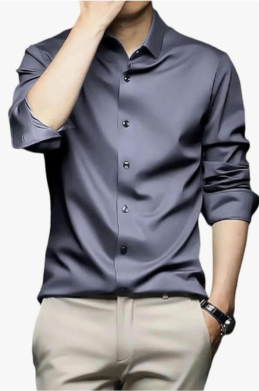 Mens Cool Grey Plain Satin Shirt