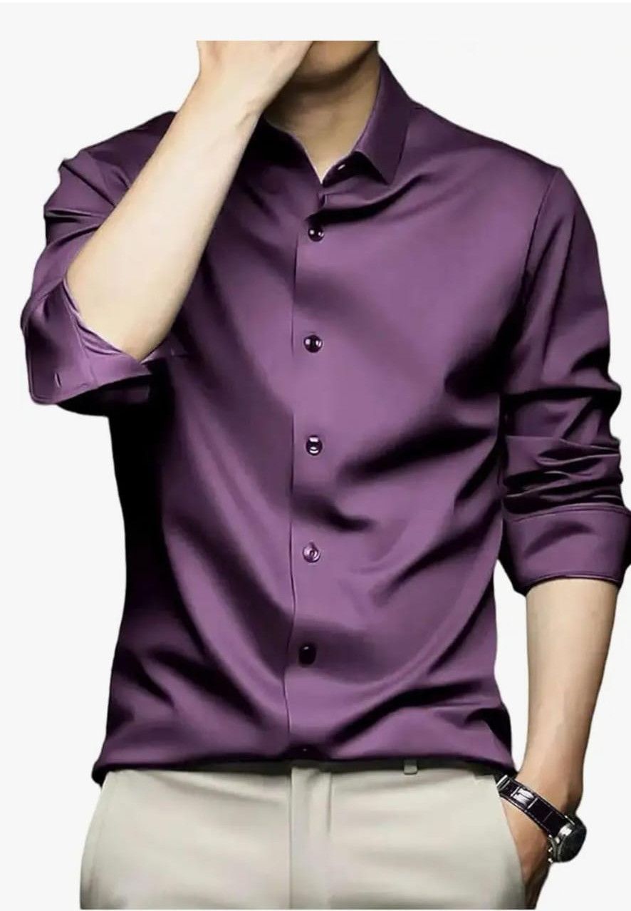Mens Purple Plain Satin Shirt