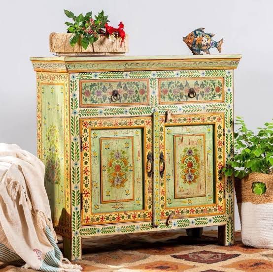 Floral Art Wooden Side Cabinet