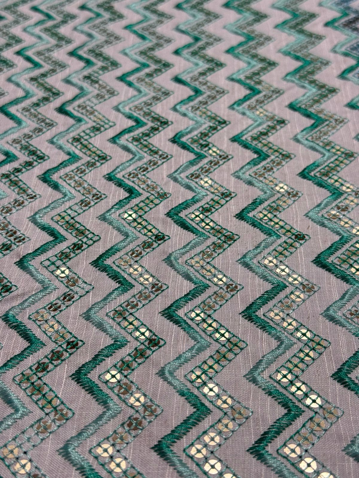 Aqua Green Zigzag Golden Sequin Embroidered Royal Silk Fabric
