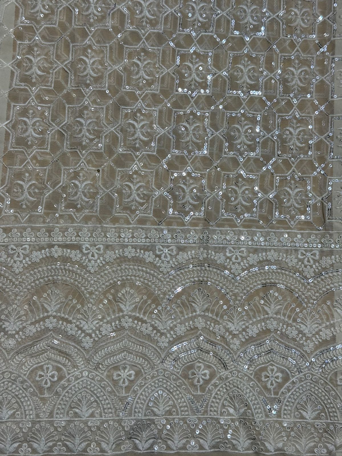Beige Chikankari Sequin Embroidered Georgette Fabric