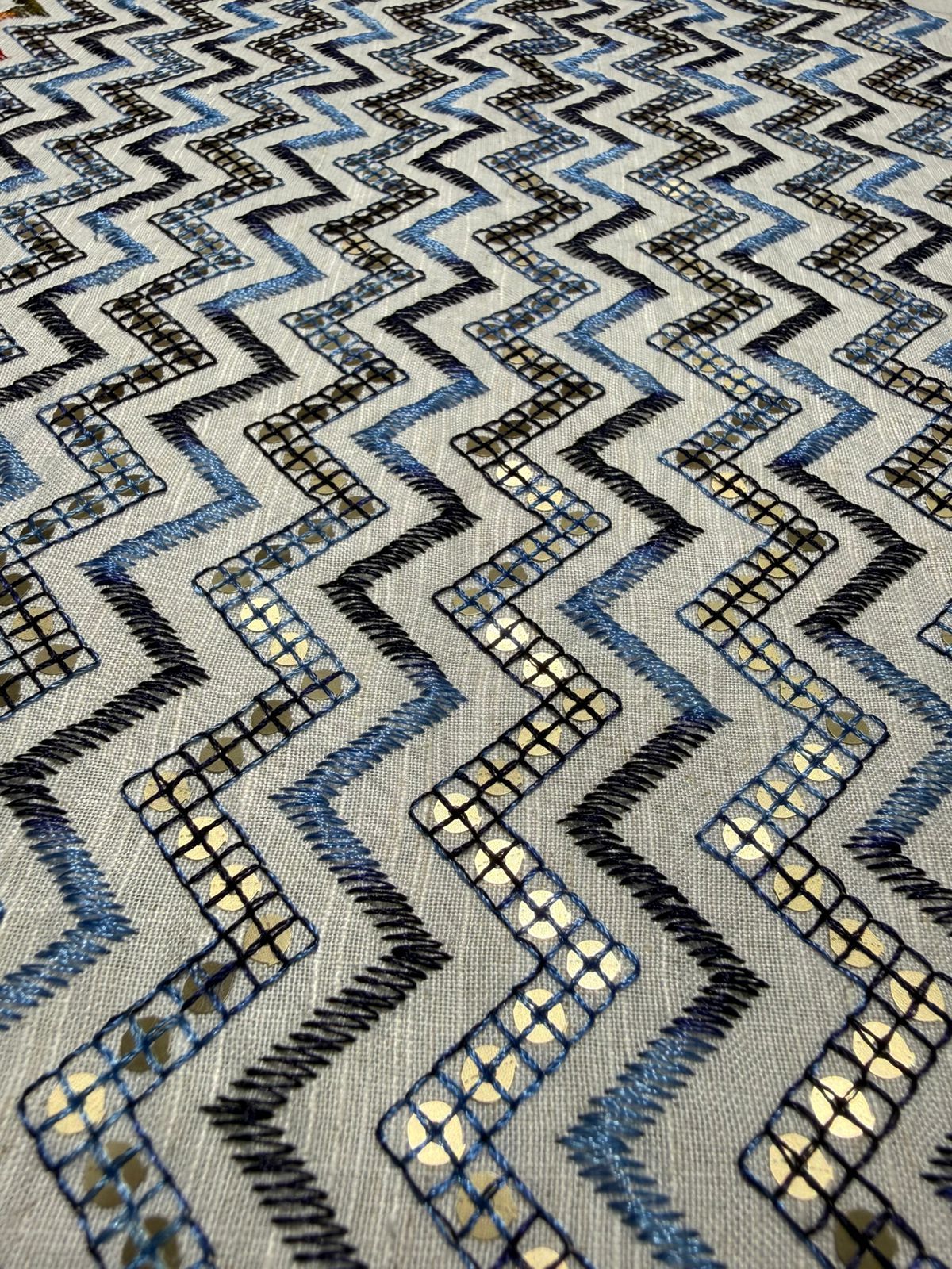 Blue Zigzag Gold Sequin Embroidered Royal Silk Fabric