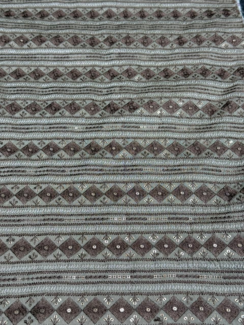 Brown & Grey Stripe Diamond Sequin Embroidered Silk Fabric