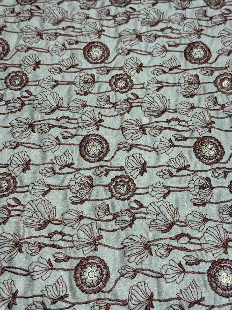 Brown Bloom Sequin Embroidered Bio Satin Fabric