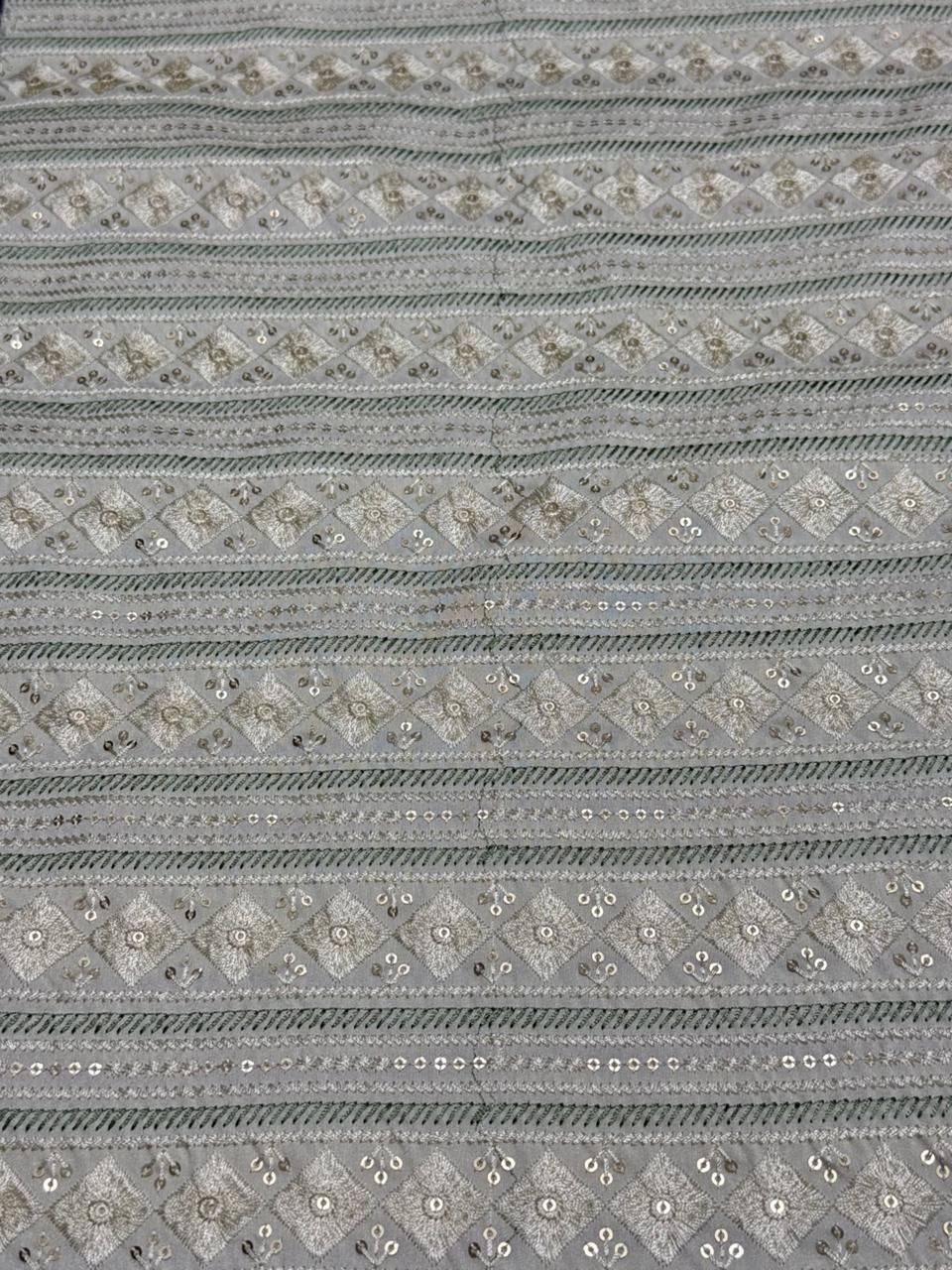 Green Grey Stripe Diamond Sequin Embroidered Silk Fabric