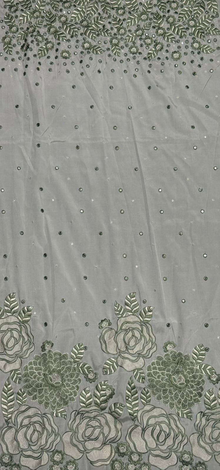 Green Floral Mirror & Sequin Embroidered Royal Silk Fabric