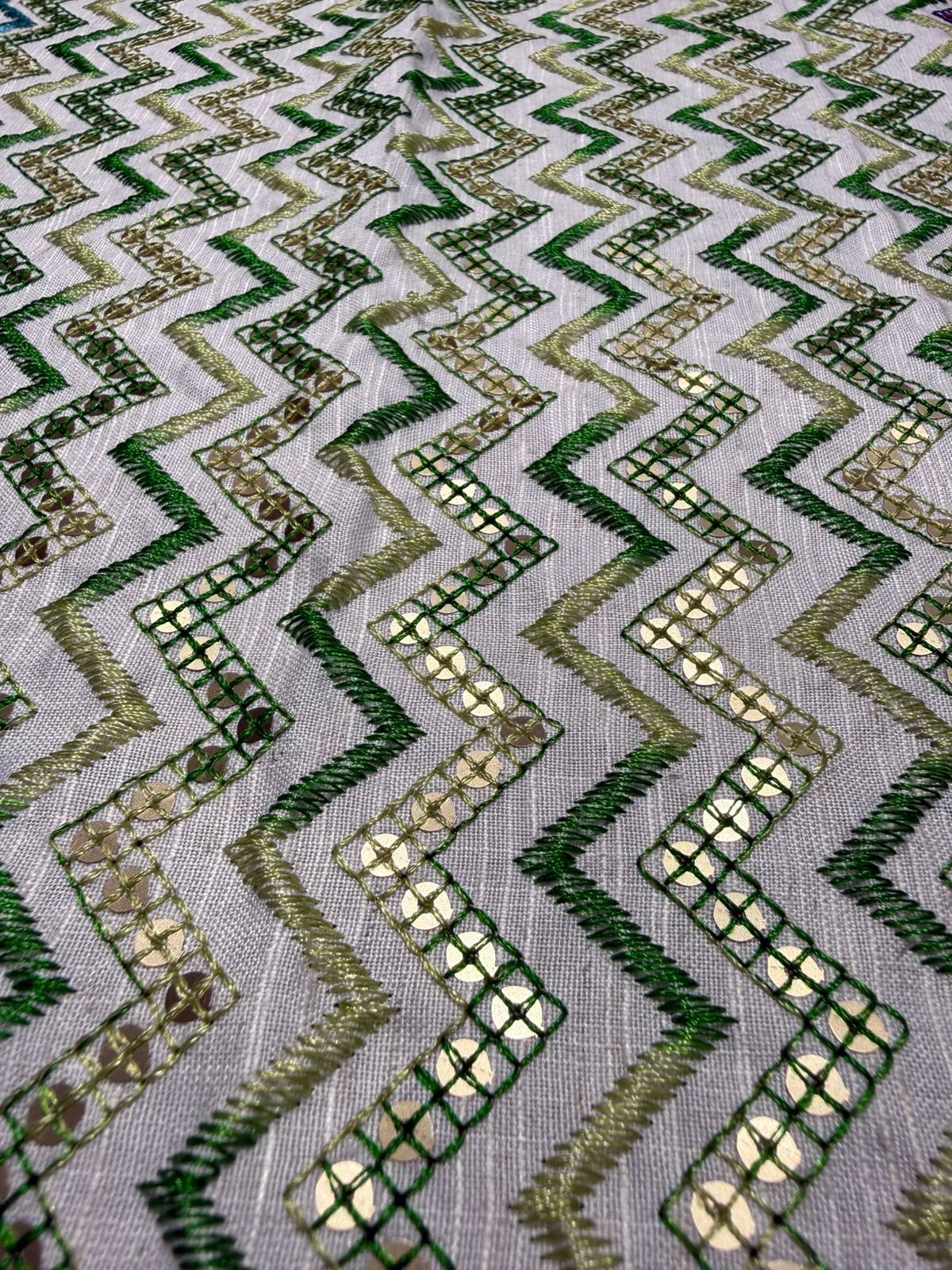 Green Zigzag Golden Sequin Embroidered Royal Silk Fabric