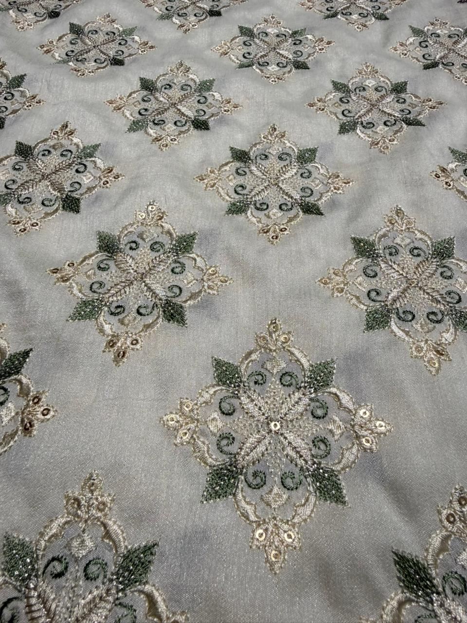 Grey & Golden Zari-Sequin Motif Embroidered Barfi Fabric