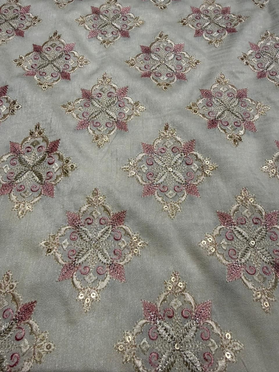 Grey & Pink Zari-Sequin Designer Embroidered Barfi Fabric