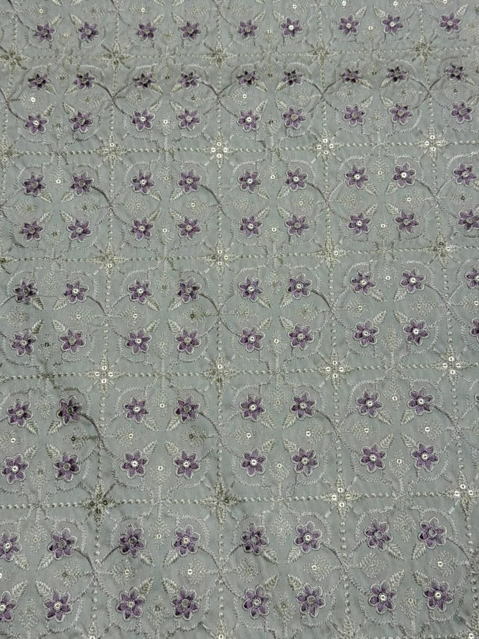 Grey Floral Embroidered Royal Silk Fabric