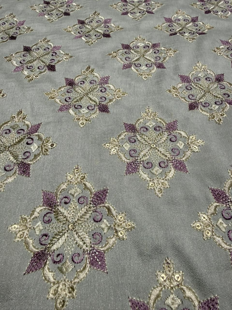 Grey & Purple Zari-Sequin Motif Embroidered Barfi Fabric