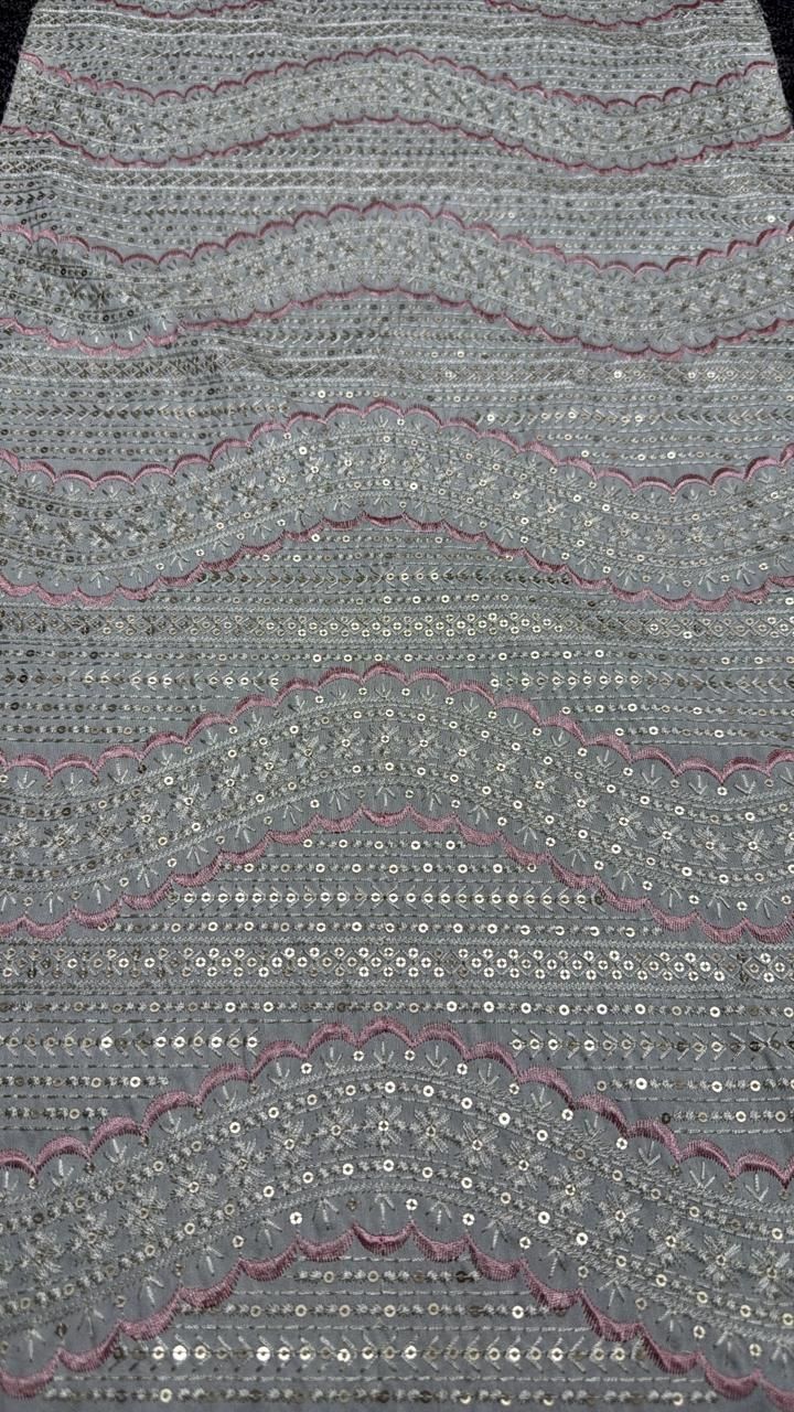 Grey Wavy Line Sequin Embroidered Silk Fabric