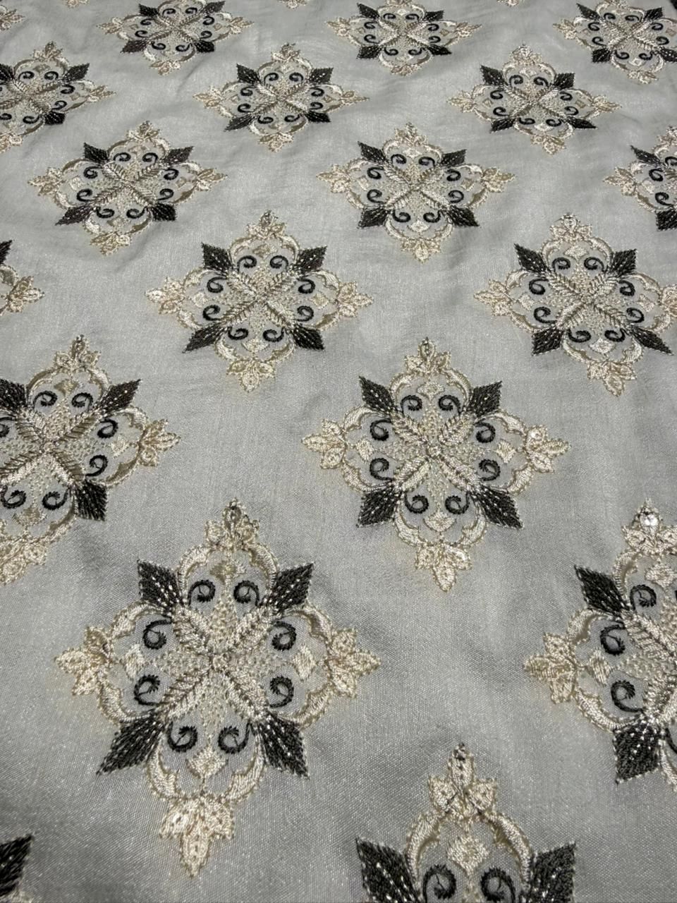 Grey Zari & Sequin Embroidered Barfi Fabric