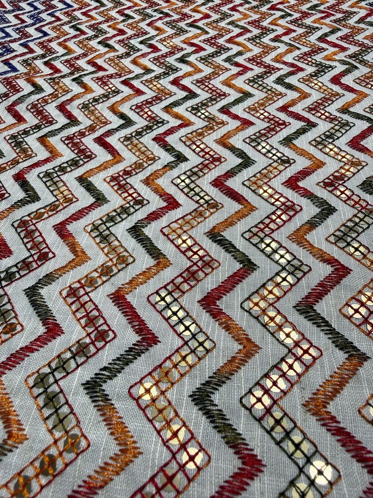 Multishade Zigzag Gold Sequin Embroidered Royal Silk Fabric