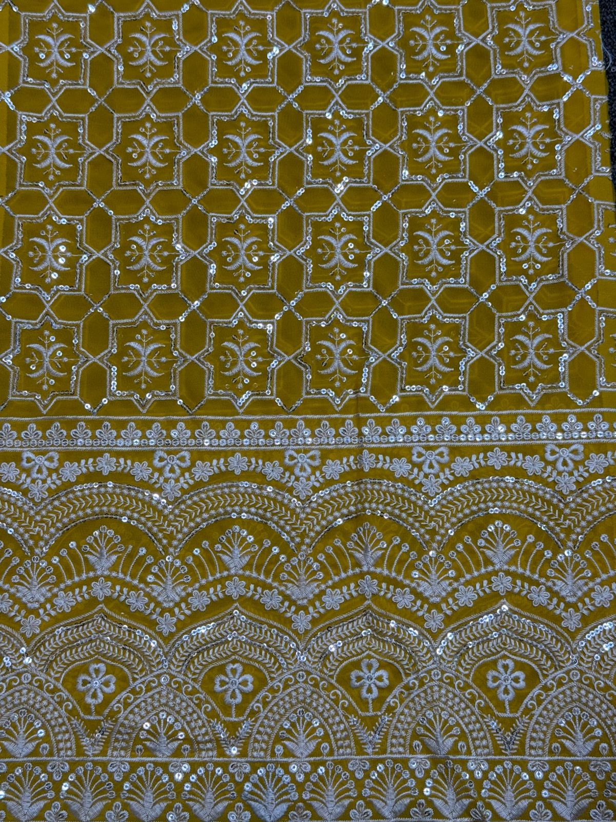 Mustard Chikankari Style Sequin Embroidered Georgette Fabric