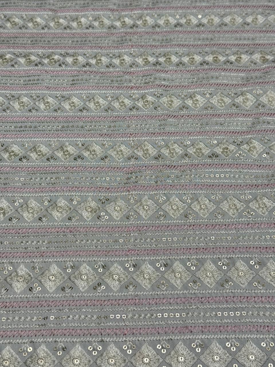 Pink & Grey Stripe Diamond Sequin Embroidered Silk Fabric