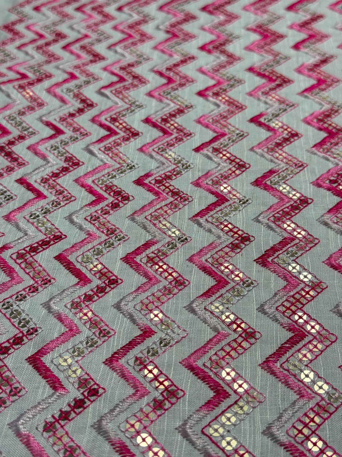 Pink Zigzag Gold Sequin Embroidered Royal Silk Fabric