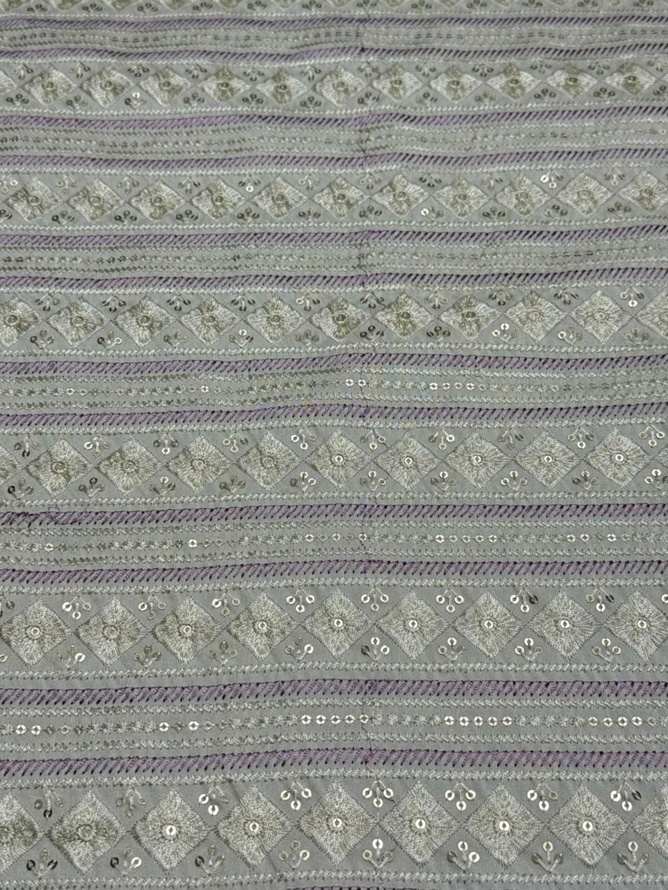 Purple & Grey Stripe Diamond Sequin Embroidered Silk Fabric