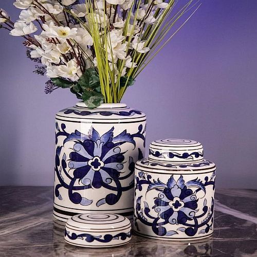 Blue and White Round Ceramic Flower Pot