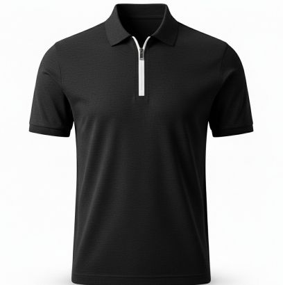 Mens Plain Black Cotton Pique Zip Polo T-Shirt