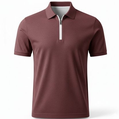 Mens Plain Maroon Cotton Pique Zip Polo T-Shirt