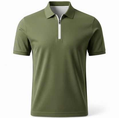 Mens Plain Olive Green Cotton Pique Zip Polo T-Shirt
