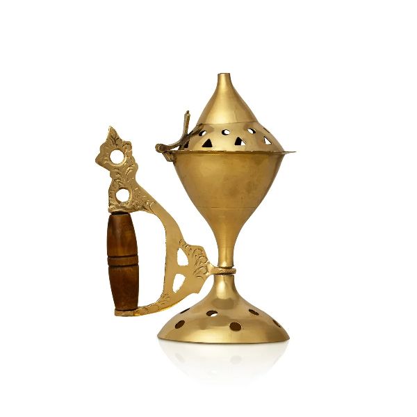 Polished Brass Dhoop Stand With Wooden Handle, Color : Golden