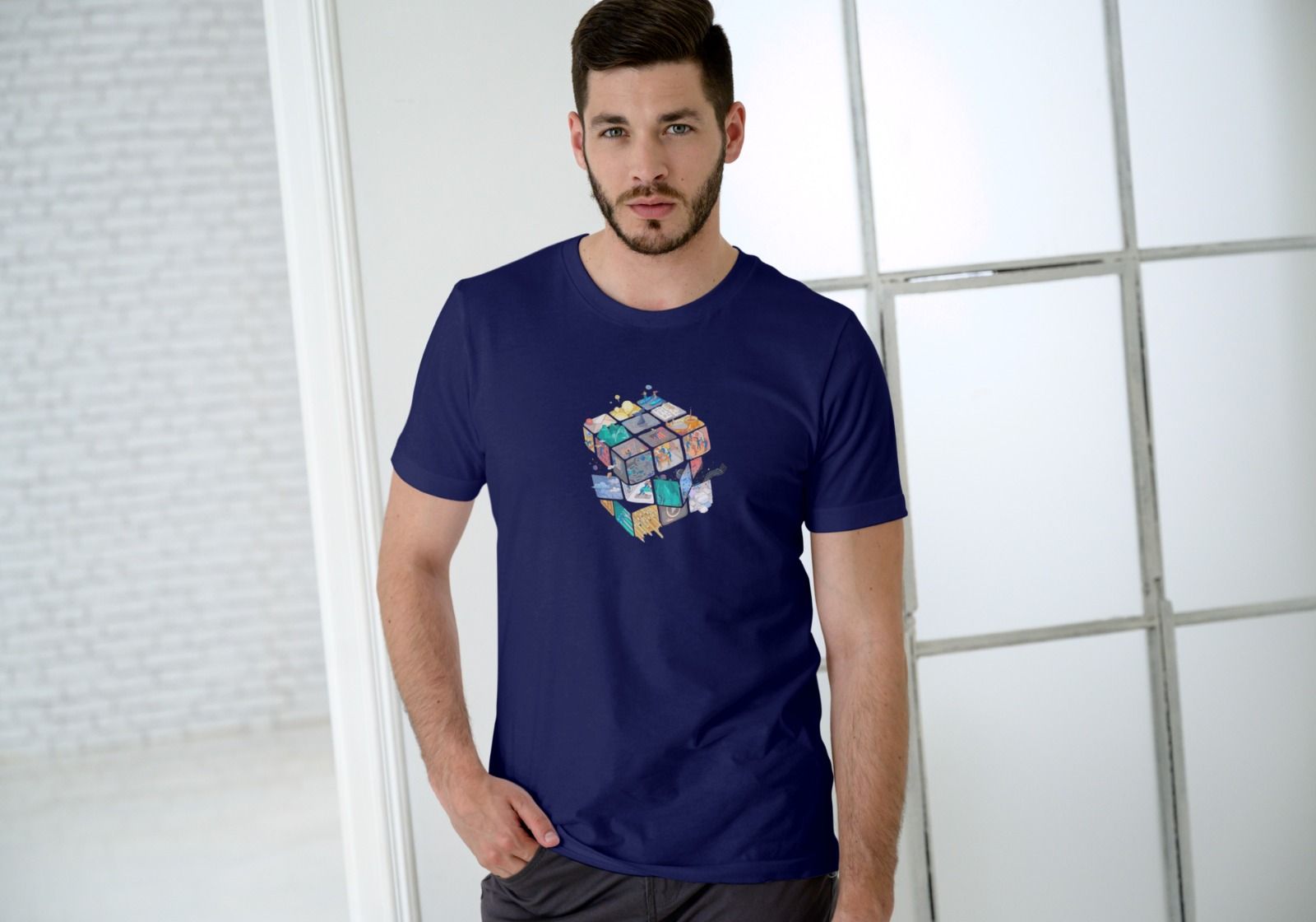 Dark Blue Men Casual Printed Cotton T-Shirt