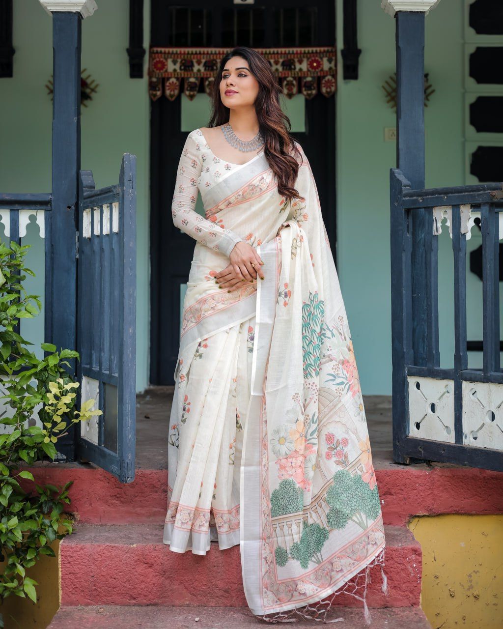 Designer Floral Linen Cotton Saree