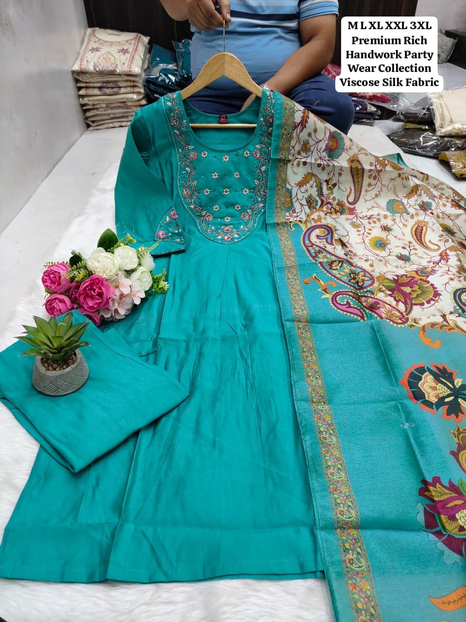 Handwork Roman Silk Kurti Pant Dupatta Set