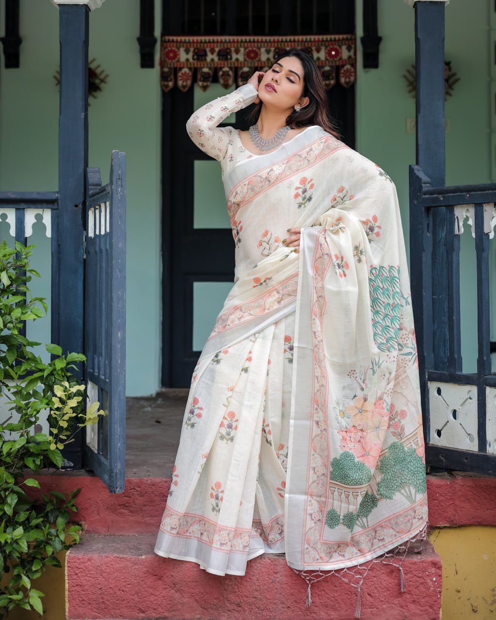 Linen Cotton Floral Saree