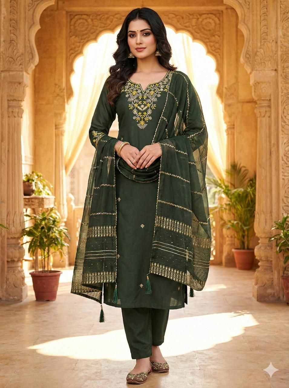 Mehndi Green Roman Silk Ladies Kurti Pant Set