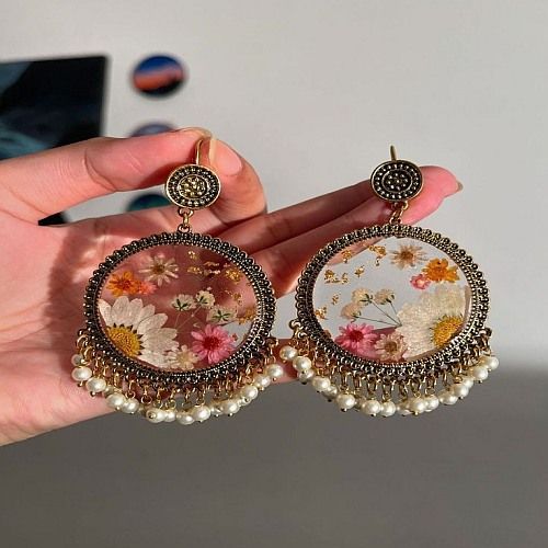 Round Floral Design Resin Jhumka Earrings