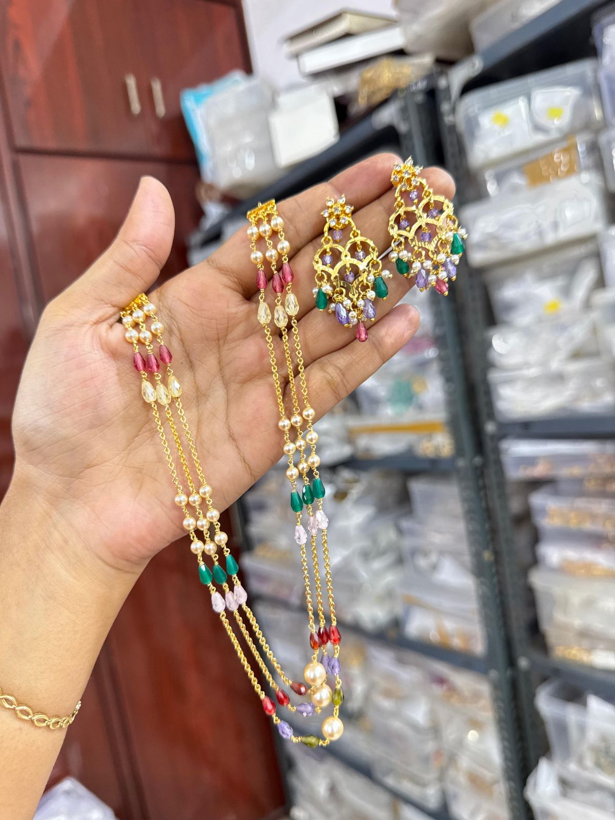 Ladies Gold-Plated Pearl &AMP; Multicolored Bead Necklace Set