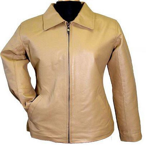 Ladies Plain Beige Leather Jacket