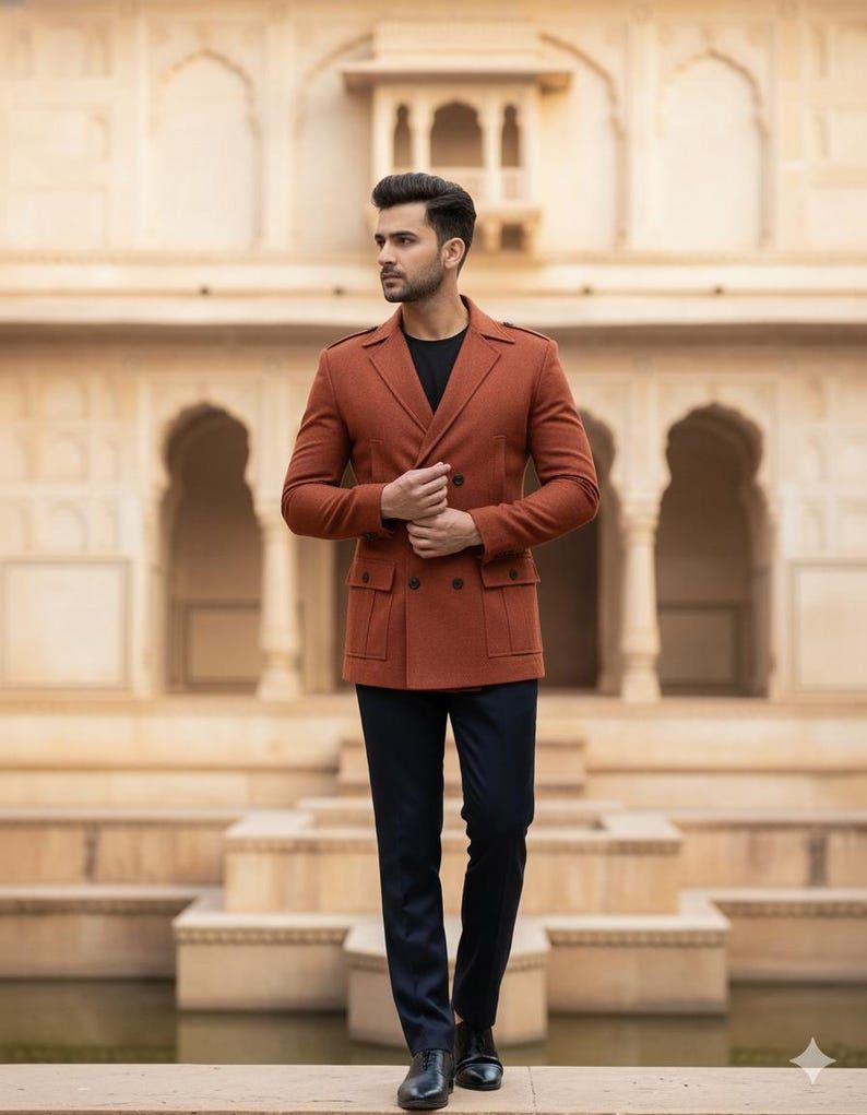 Mens Rust 2 Piece Double Breasted Utility Suit