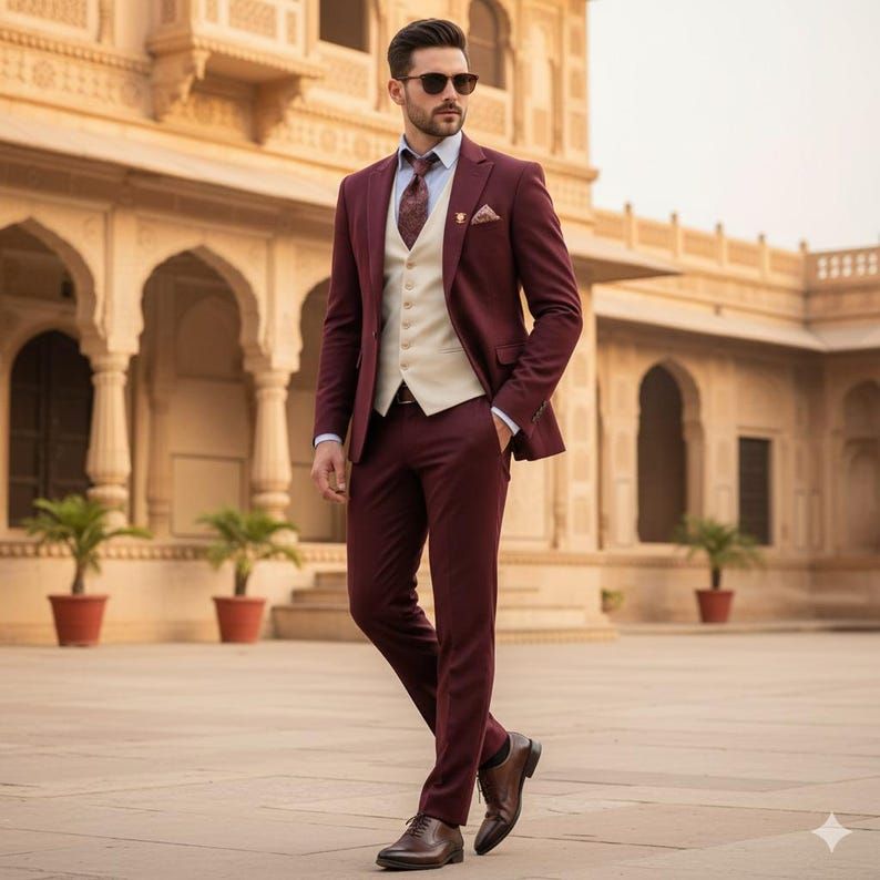 Mens Maroon 3 Piece Formal Wedding Suit