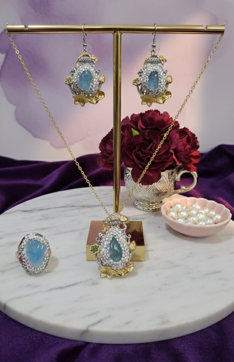 Aquamarine Artificial Diamond Pendant Set