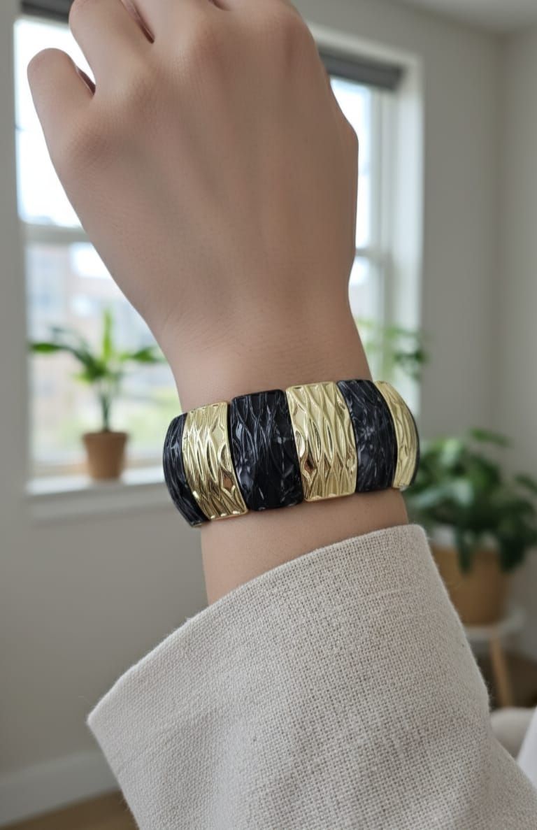 Black Beige Thick Resin Acrylic Elastic Bracelet