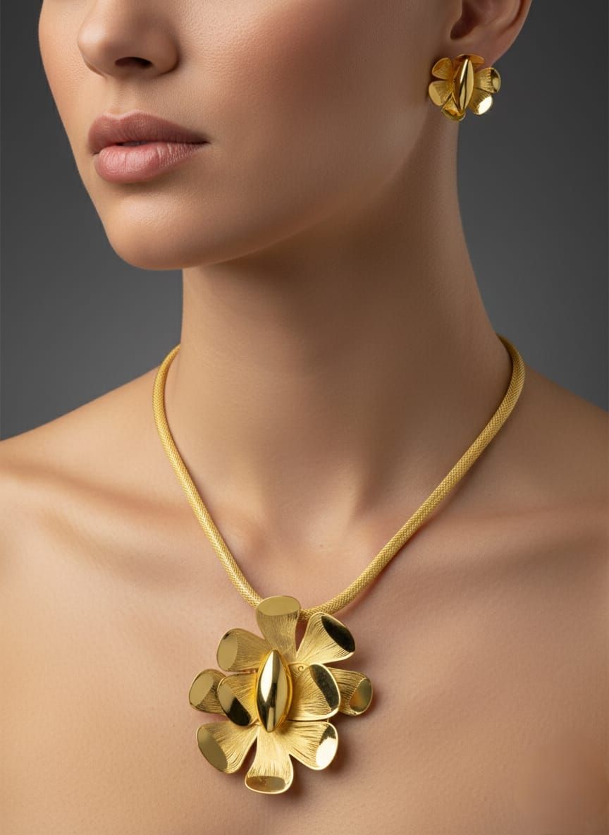 Modern Abstract Gold Flower Design Necklace Set