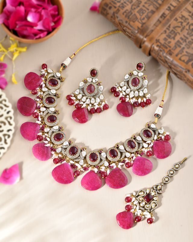 Richlook Just U Premium Pink Bridal Earring Necklace Set