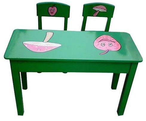 Green Rubber Wooden Play School 2 Seater Table Chair Set
