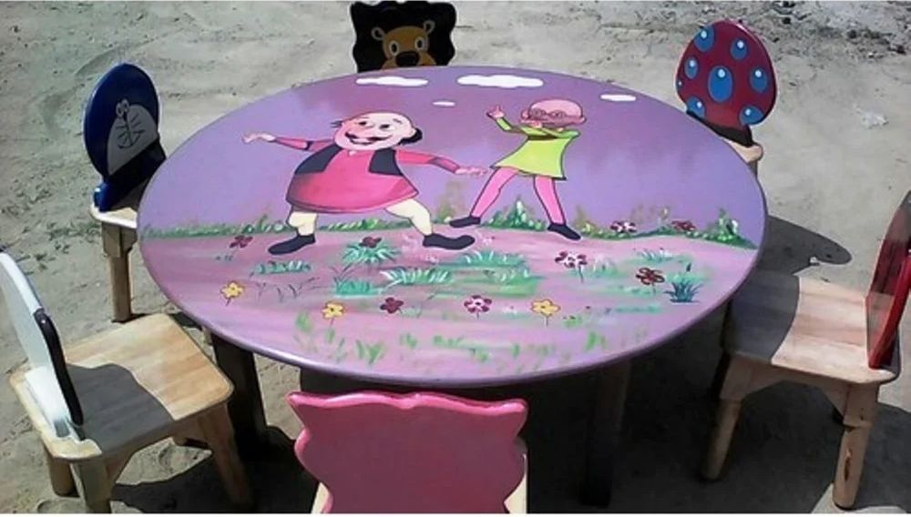 Round Wooden Play School Table Set with Motu Patlu Theme
