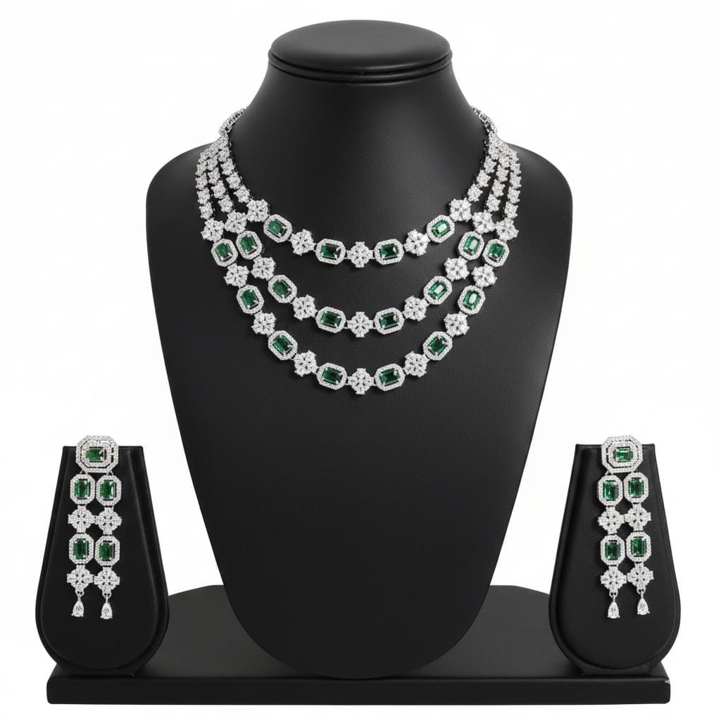 Multi-Layer Emerald-Green Cz Necklace Set