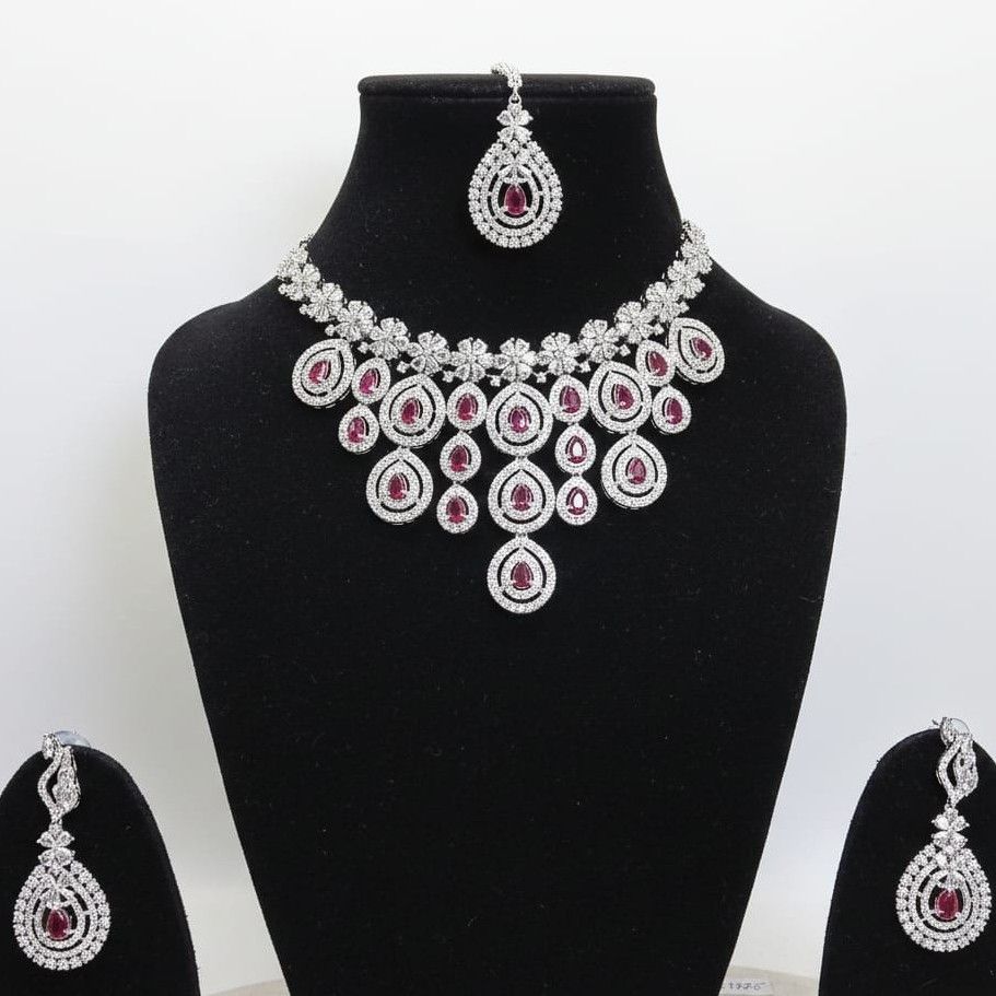 Ruby Red Teardrop AD Bridal Necklace Set