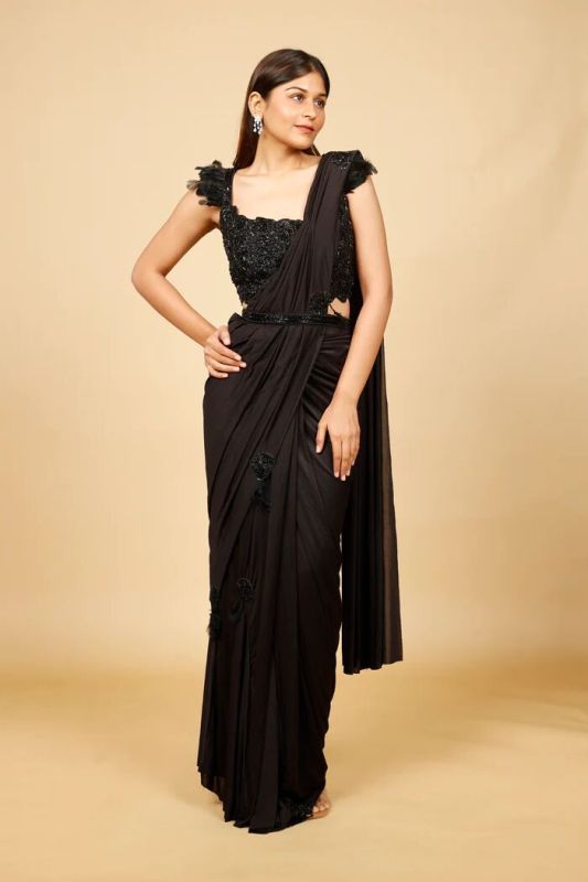 Black Lycra Drape Saree with Feathered Pearl