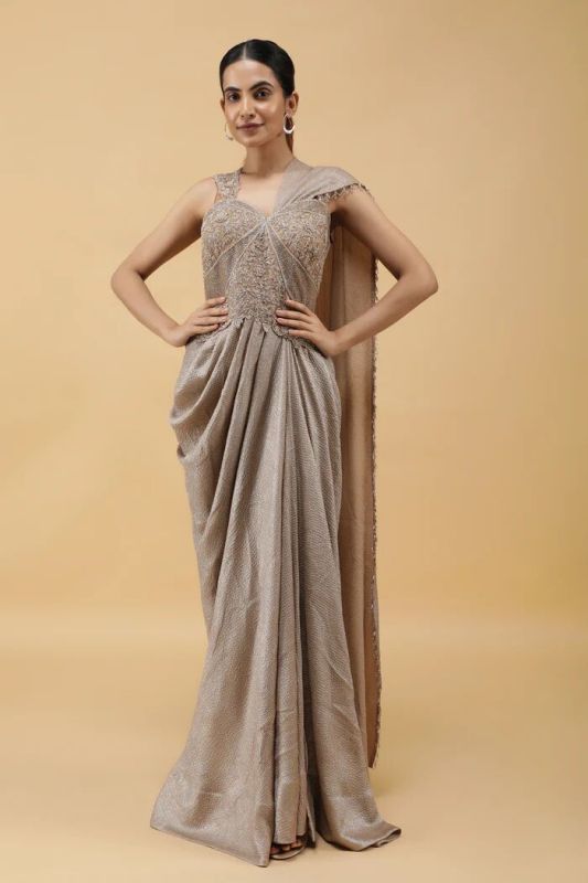 Champagne Radiance Kutdana Embroidered Crushed Draped Gown