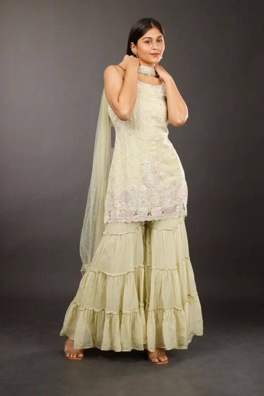 Light Green Georgette Sharara Set with Shadow
